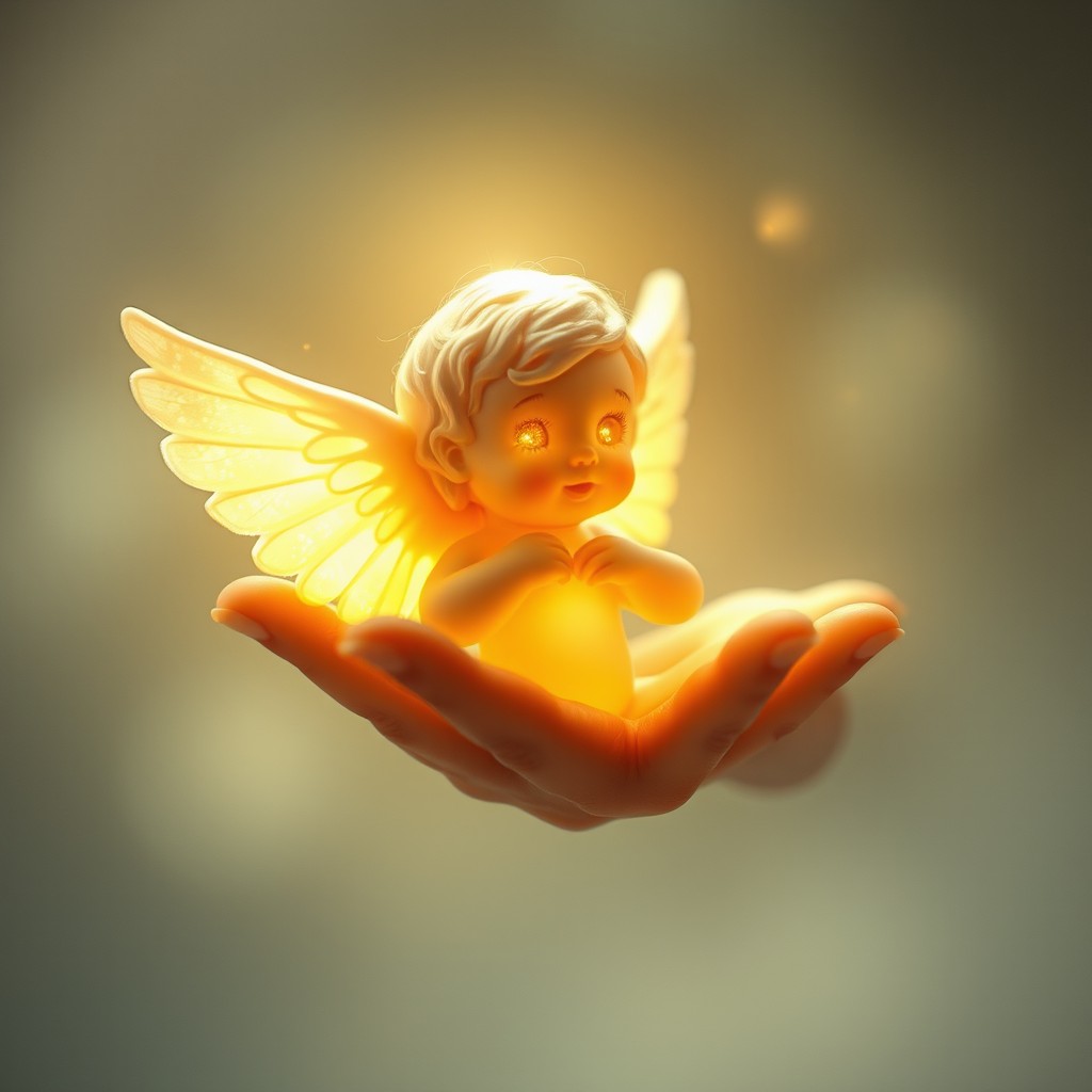 A small cherub, palm-sized, made of soft, radiant light with delicate downy wings