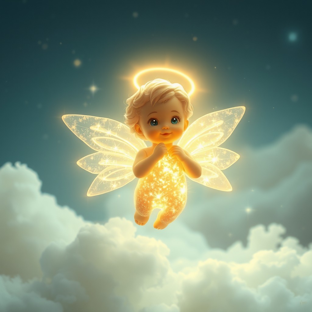 A small celestial being glowing with radiant light, its form ethereal and angelic rather than cherubic