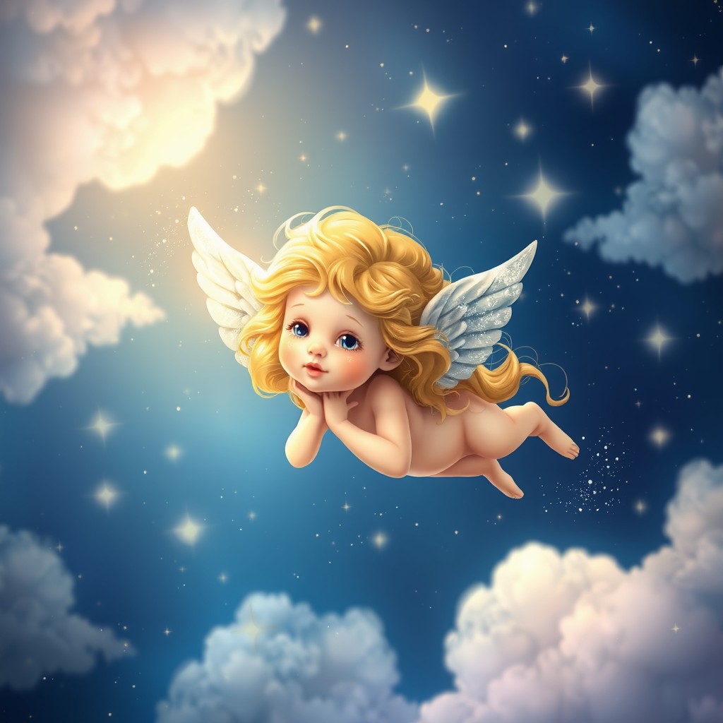 A beautiful celestial cherub floating among a starry night sky, surrounded by luminous clouds and twinkling stars
