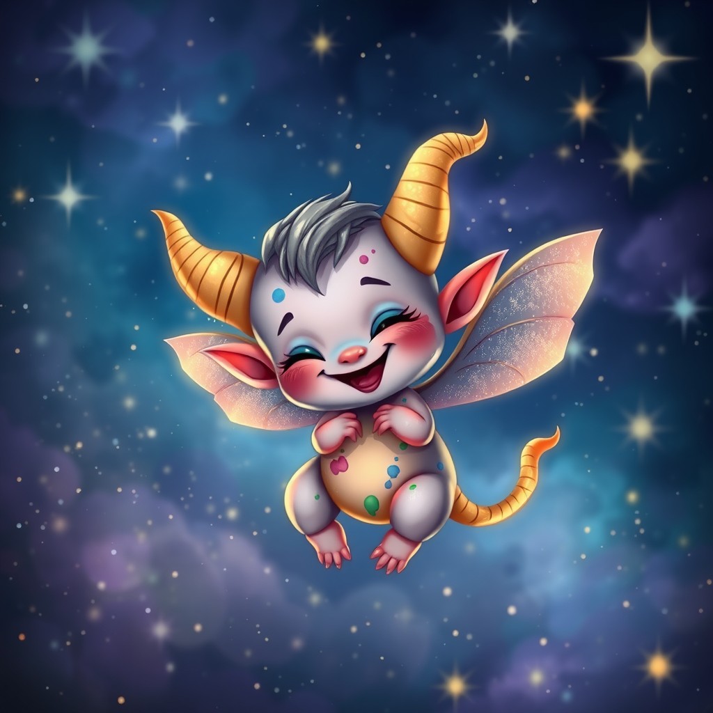 A whimsical celestial imp with mischievous features, playfully floating among a starry night sky