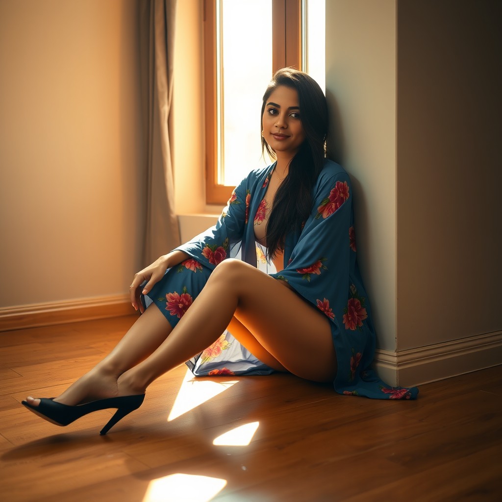 A young woman of South Asian descent in her late twenties seated on a wooden floor, leaning against a wall