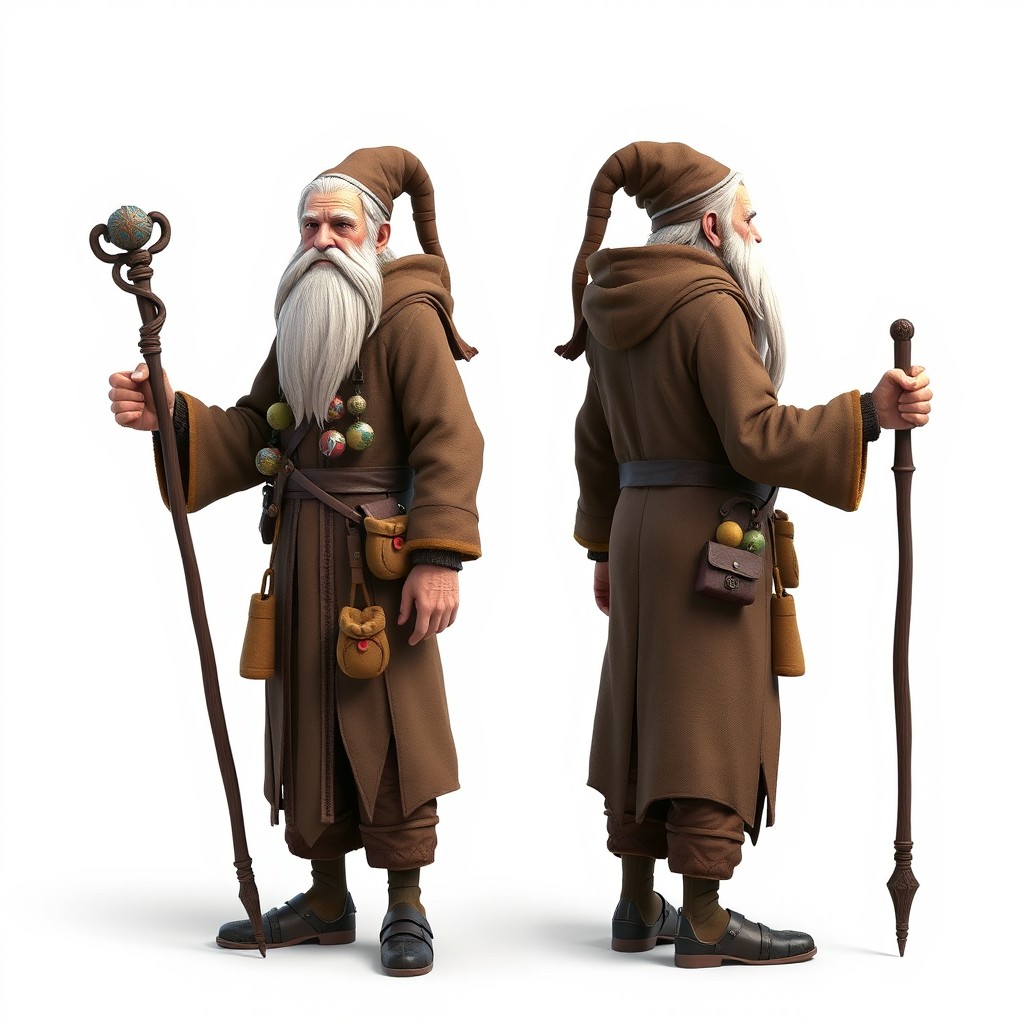 A detailed game model of an old, very long-bearded alchemist holding a non-magical staff
