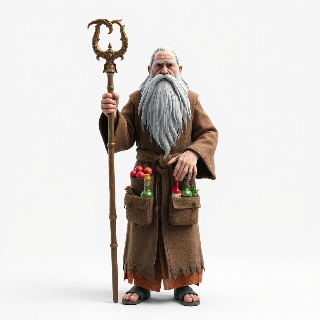 A game model of an old, very long-bearded alchemist holding a non-magical staff