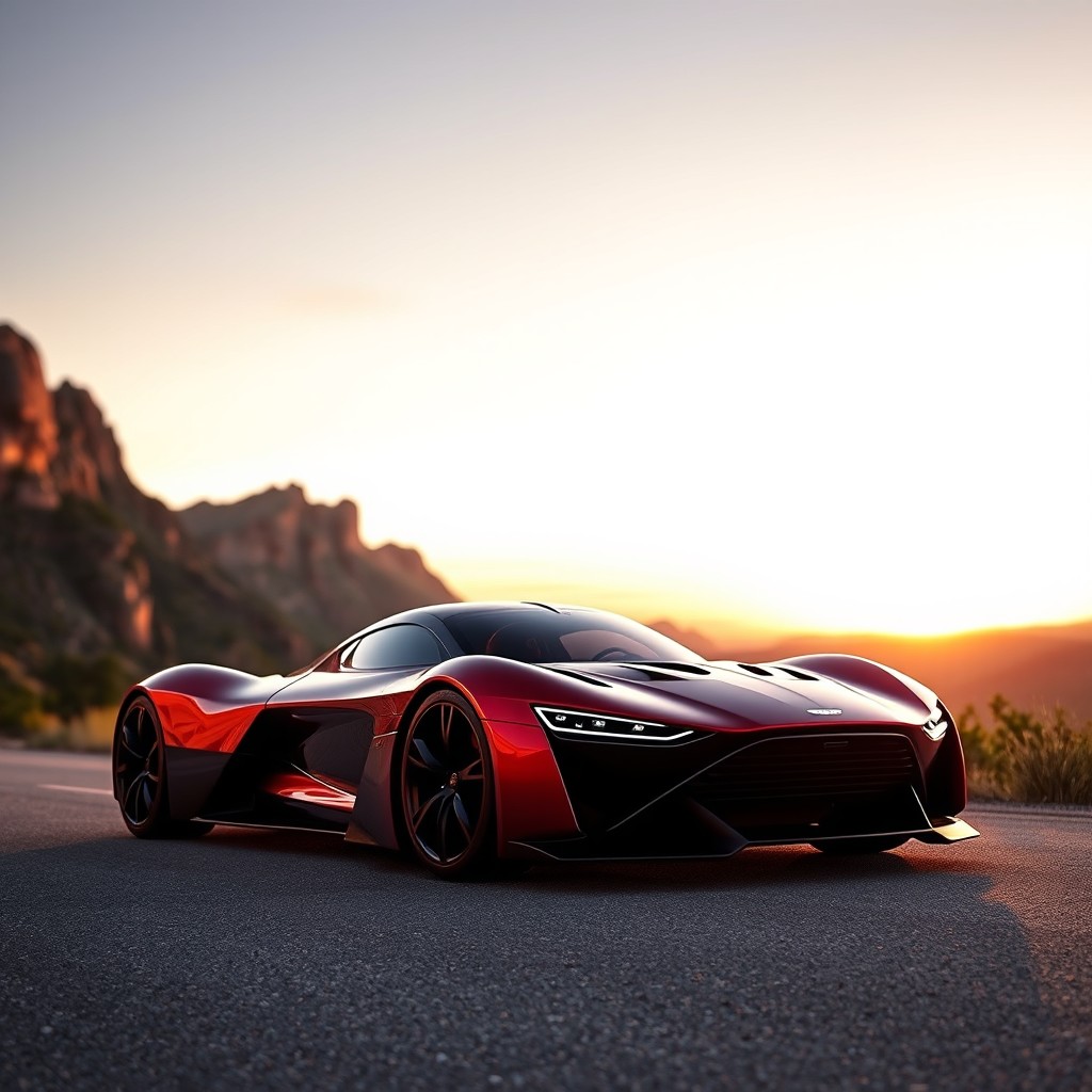 A sleek and futuristic Aston Martin Valkyrie hypercar parked on a scenic mountain road during sunset, showcasing its striking aerodynamic design and unique curves