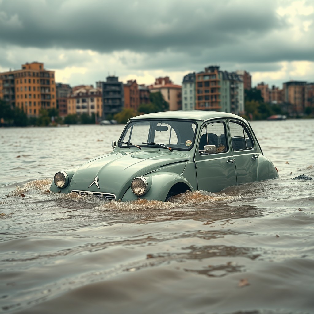 A vintage Citroën C3 car submerged in a flood, with water levels reaching halfway up the car