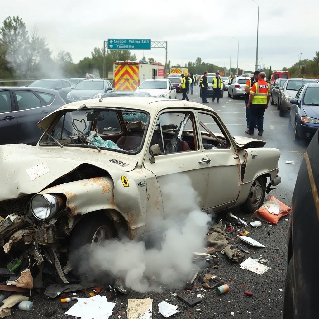 A dramatic scene of a severe car accident involving a vintage Citroën C3