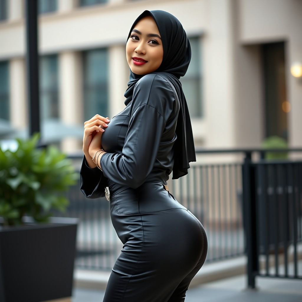 An Indonesian woman wearing a hijab, dressed in a figure-hugging satin outfit that highlights her curves with a soft texture