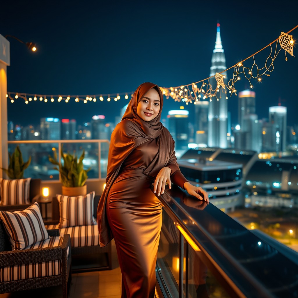 A confident Indonesian woman wearing a hijab, standing on a rooftop lounge at night with a sparkling city skyline in the background