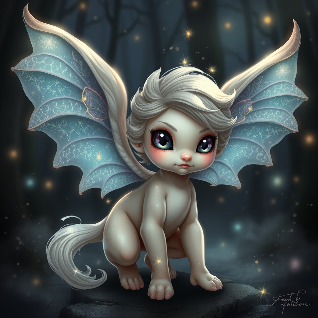 A fantastical familiar creature with celestial features, resembling a more mature version of a cherub but with a mystical, Dungeon & Dragons-inspired aesthetic
