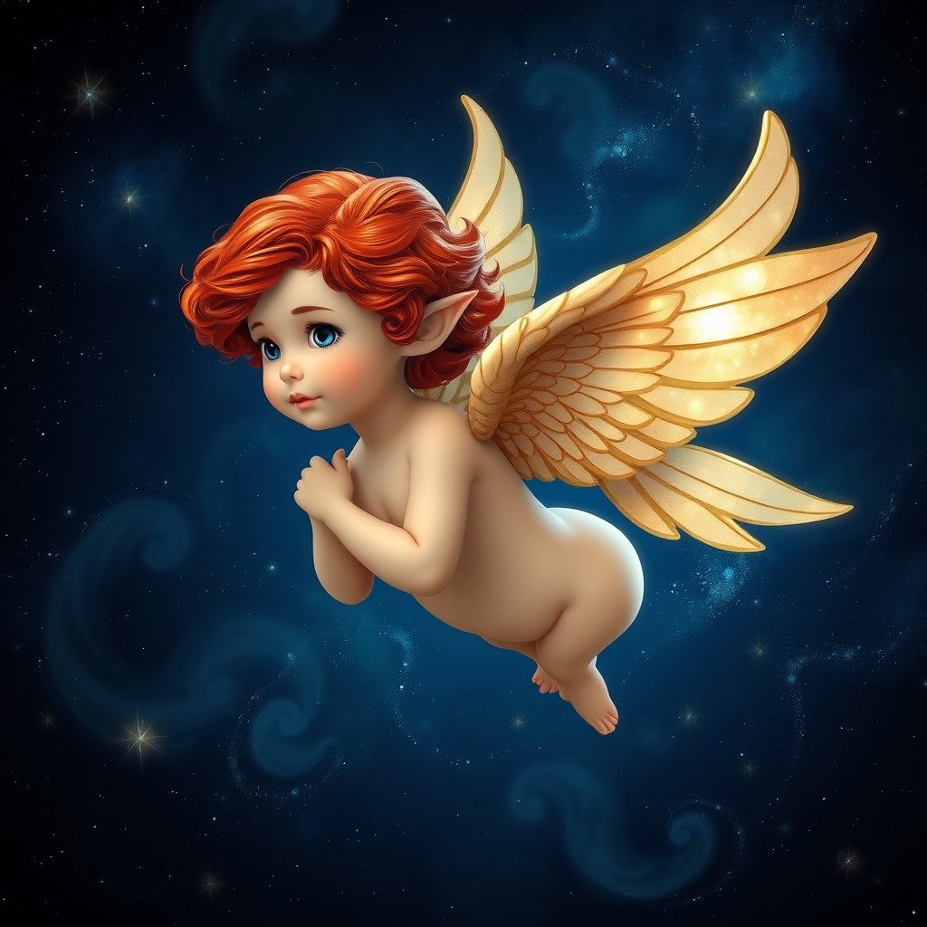 A mature celestial cherub with vibrant red hair, gracefully floating in a starry night sky