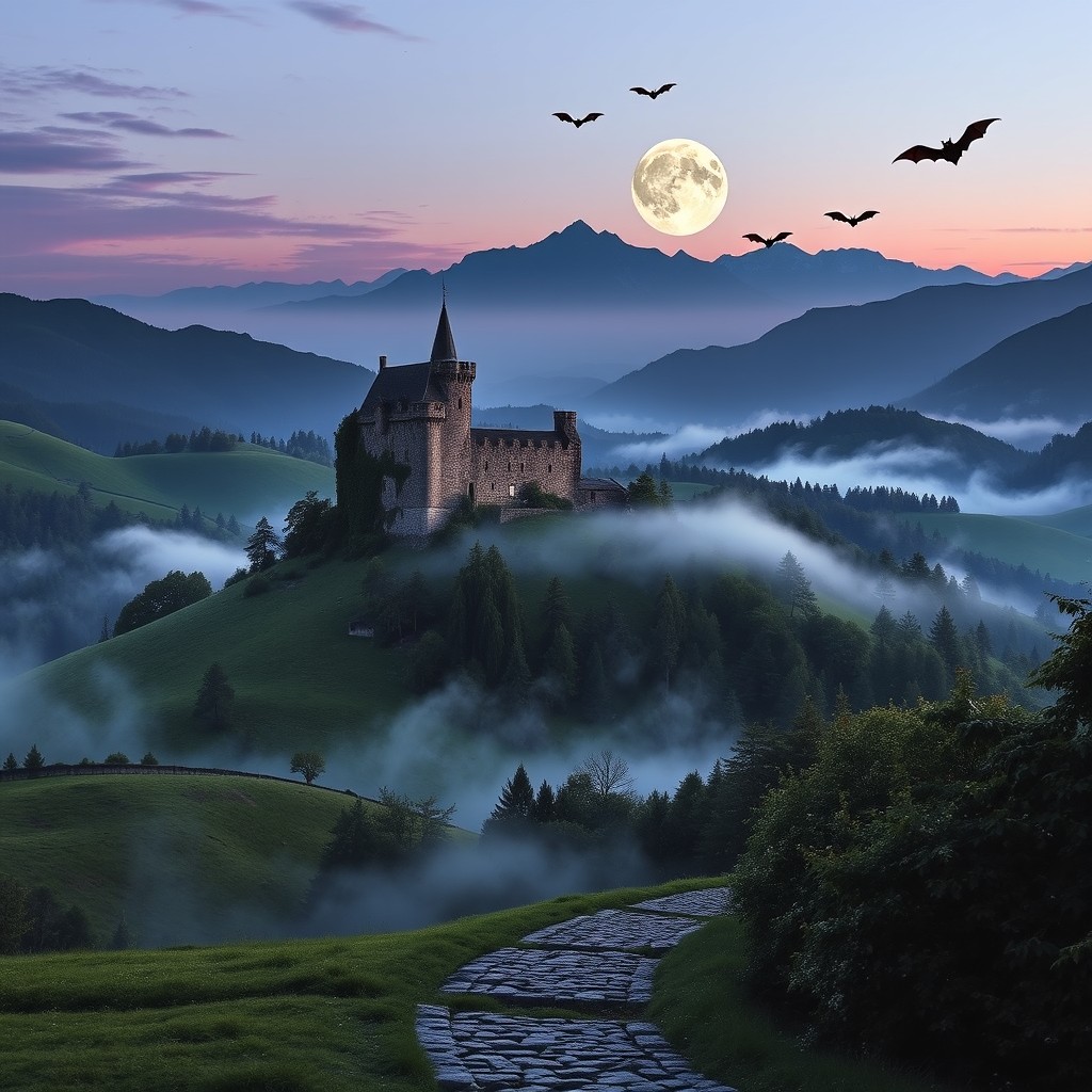 A mystical and enchanting landscape of Transylvania, featuring rolling green hills, a dense, misty forest, and the iconic Carpathian Mountains in the background