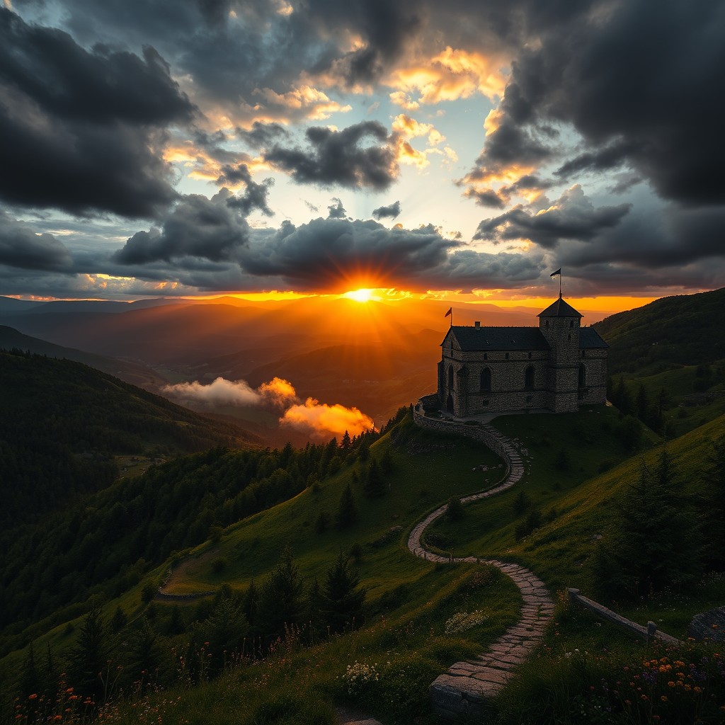 A cinematic and visually stunning landscape of Transylvania, showcasing a dramatic sunset over the Carpathian Mountains