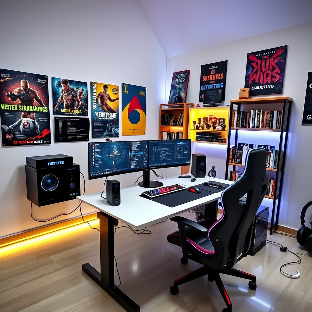 A fully designed room setup for a male gamer and programmer, featuring a sleek modern desk with dual monitors displaying coding and gaming setups