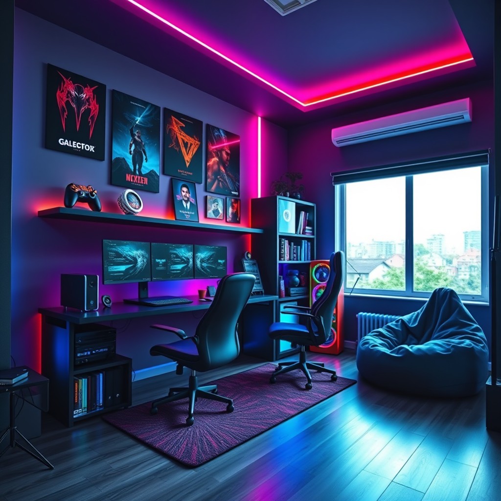 A stylish and modern room designed for a male gamer and programmer, featuring a sleek gaming desk with multiple monitors, a comfortable ergonomic gaming chair, and ambient LED lighting in vibrant colors