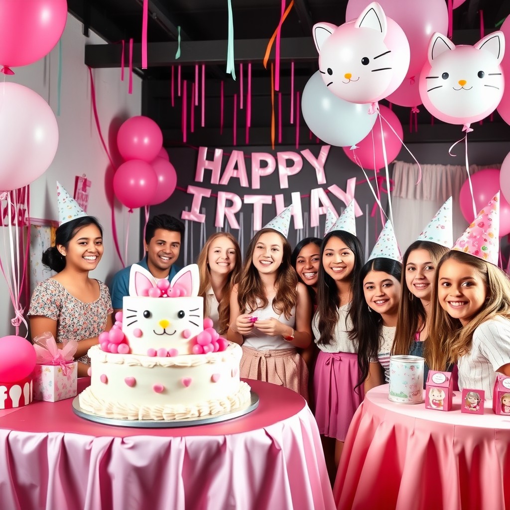 A beautifully designed birthday celebration for a 15-year-old girl, themed around a cute kitty