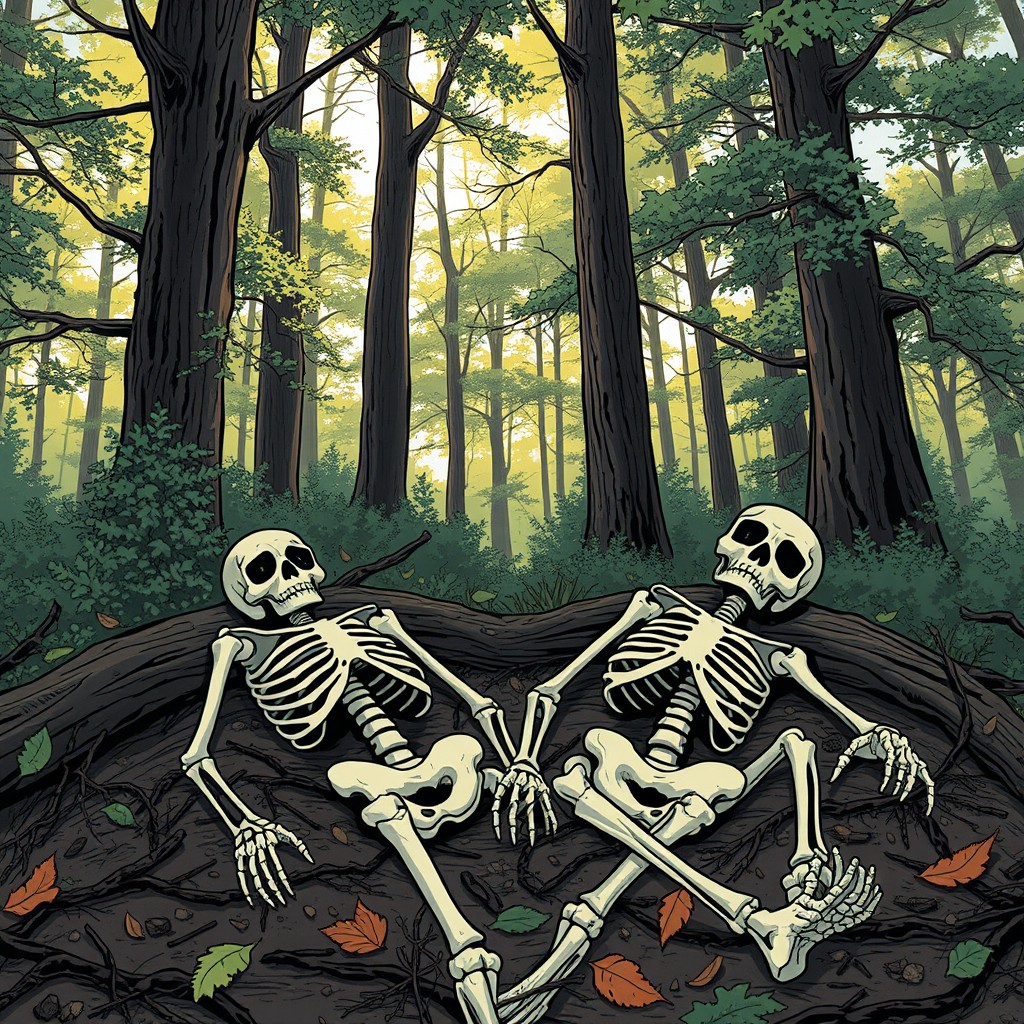 In a comic book/manga style illustration, two skeletons are depicted lying next to each other on the ground in a forest setting