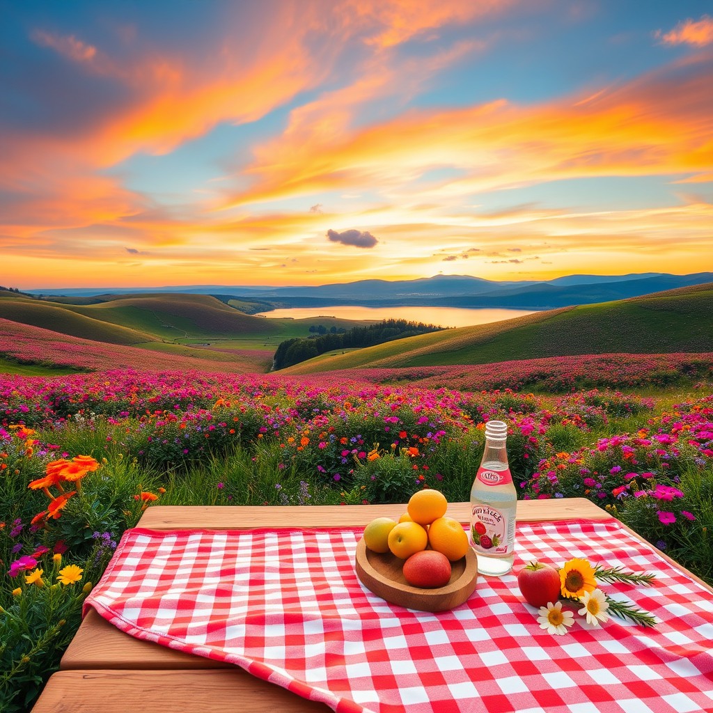 Serene Spring Landscape with Vibrant Wildflowers and Tranquil Lake
