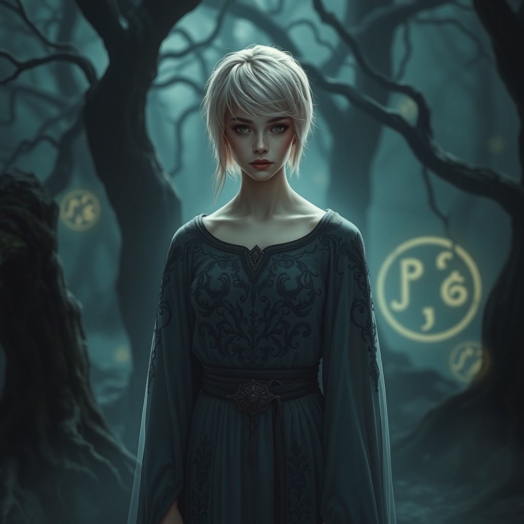A young woman with a short haircut and light blonde hair, dressed in intricate priestess robes that are flowing and ethereal