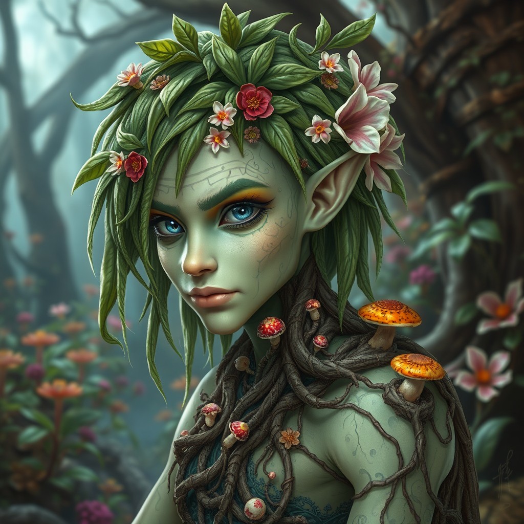 A unique sorcerer with green hair resembling the leaves of a weeping willow, adorned with beautiful flowers and mushrooms