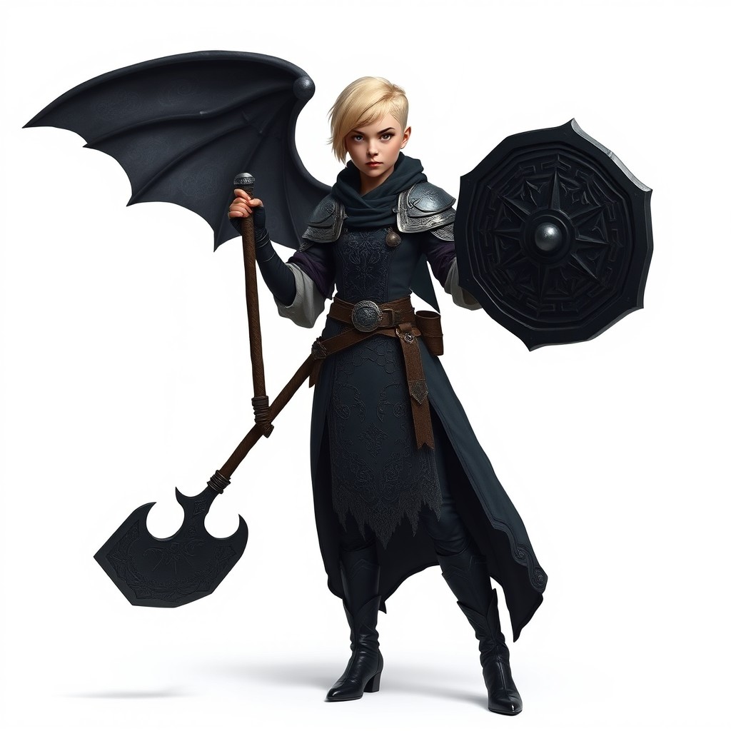 A young woman with a short haircut and light blonde hair, dressed in ornate priestess robes, holding a mace in one hand and a shield in the other