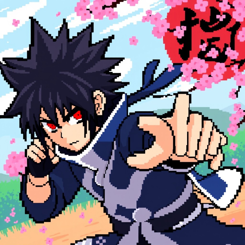 A pixel art character representation of an anime male character inspired by Sasuke, featuring spiky black hair, a blue and white ninja outfit, and sharingan eyes