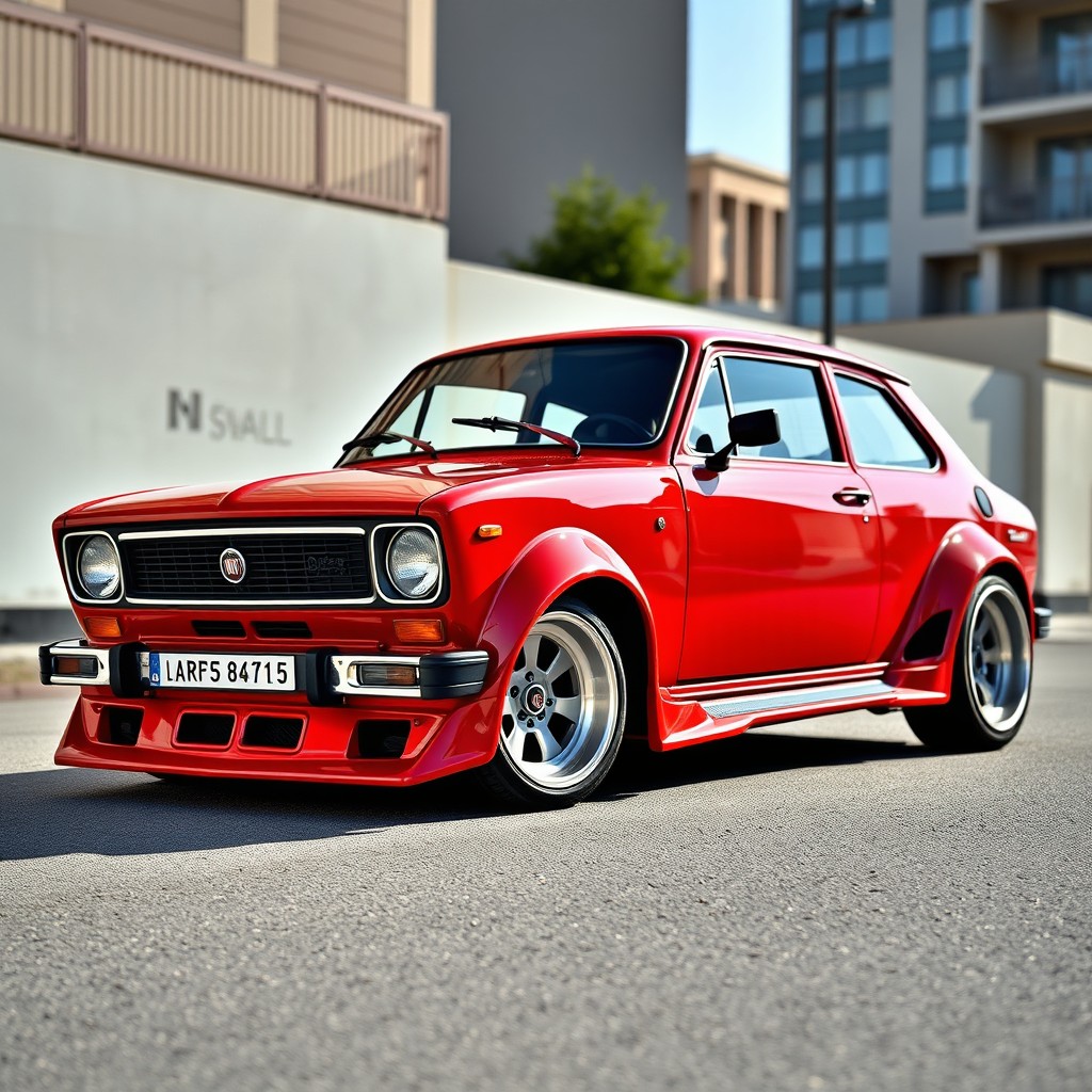A vibrant 1978 red Fiat 147 customized with a widebody kit, showcasing its aggressive stance and streamlined design