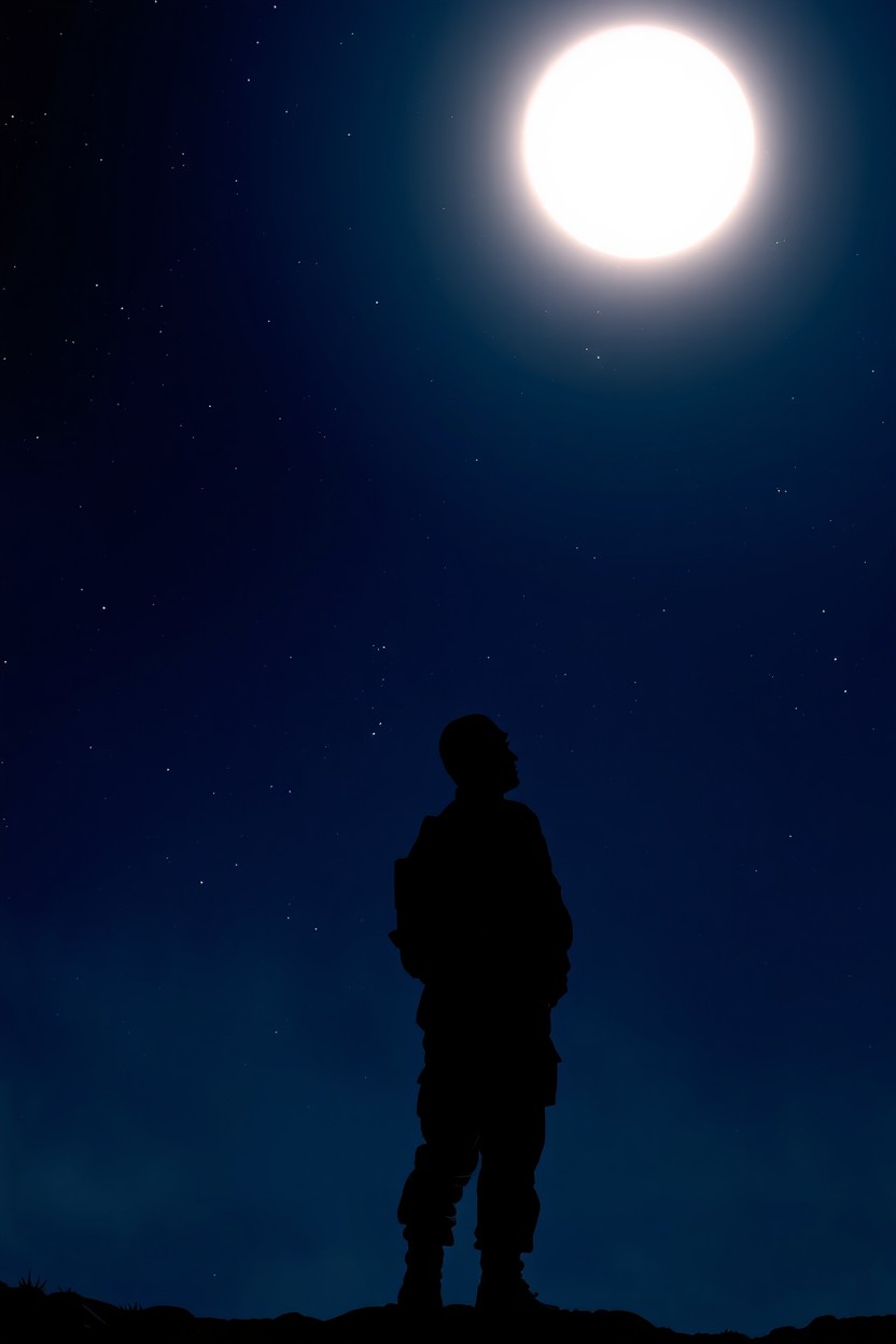 A silhouette of a soldier at night, gazing up at a bright glowing orb in the sky