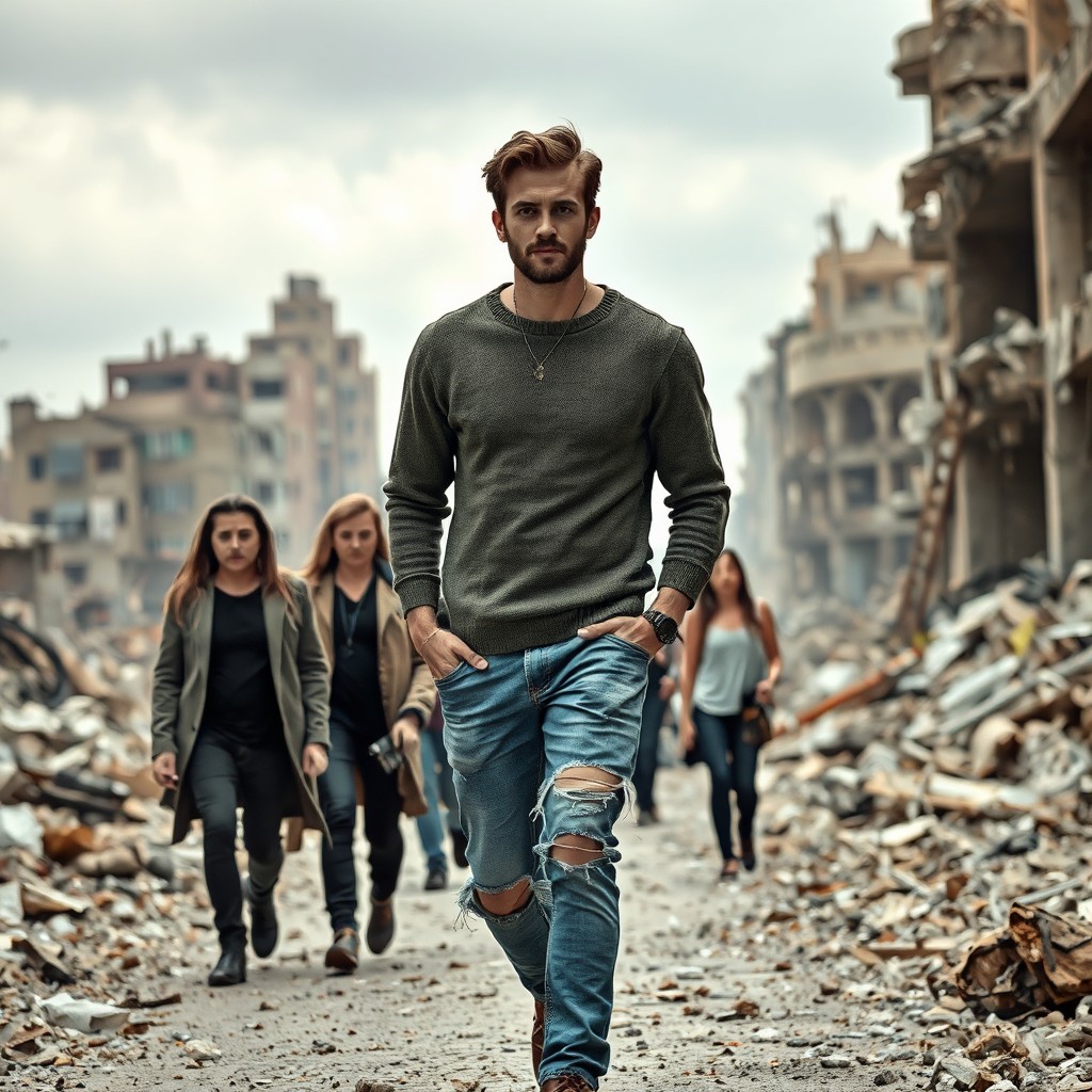 A man wearing a ripped sweater and ripped blue jeans confidently walking through a devastated cityscape, showcasing crumbling buildings and debris around him