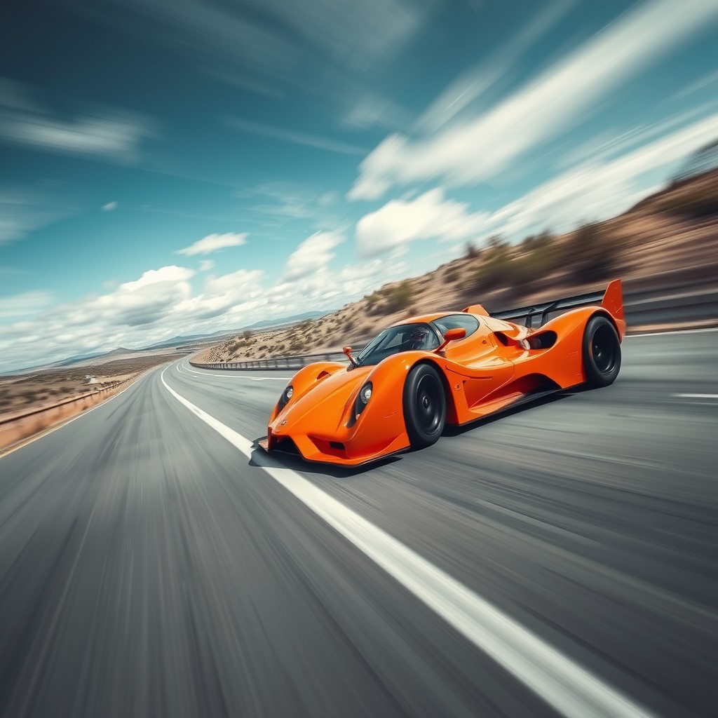 A dynamic and energetic close-up of a sleek racing car speeding along a highway, captured in a blurry motion effect to emphasize its speed