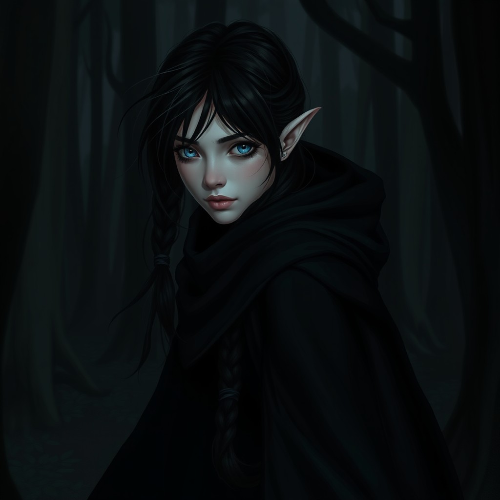 A rogue elf character moving stealthily through a dark forest at night, her lithe frame draped in a cloak of midnight black that absorbs light, making her nearly invisible