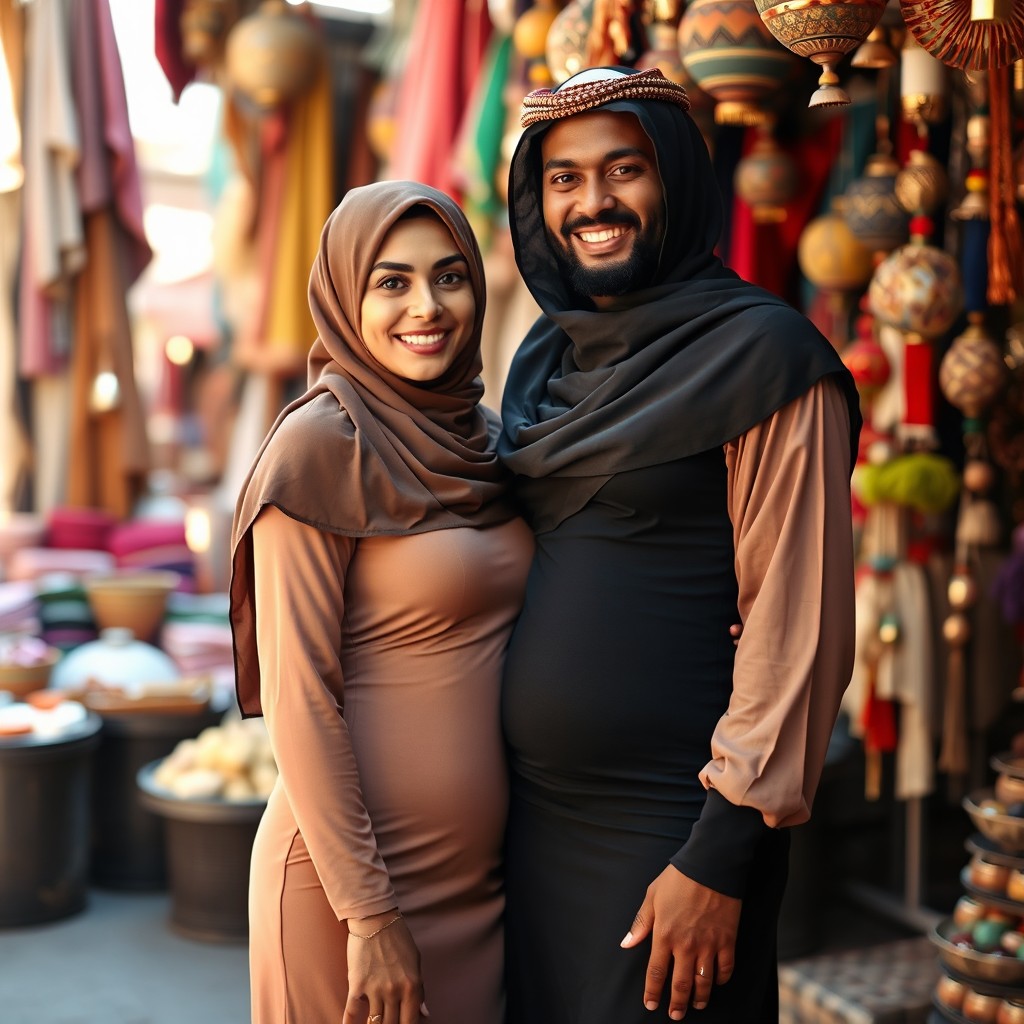 A beautiful BBW woman wearing a tight-fitting hijab dress, showcasing her curves elegantly