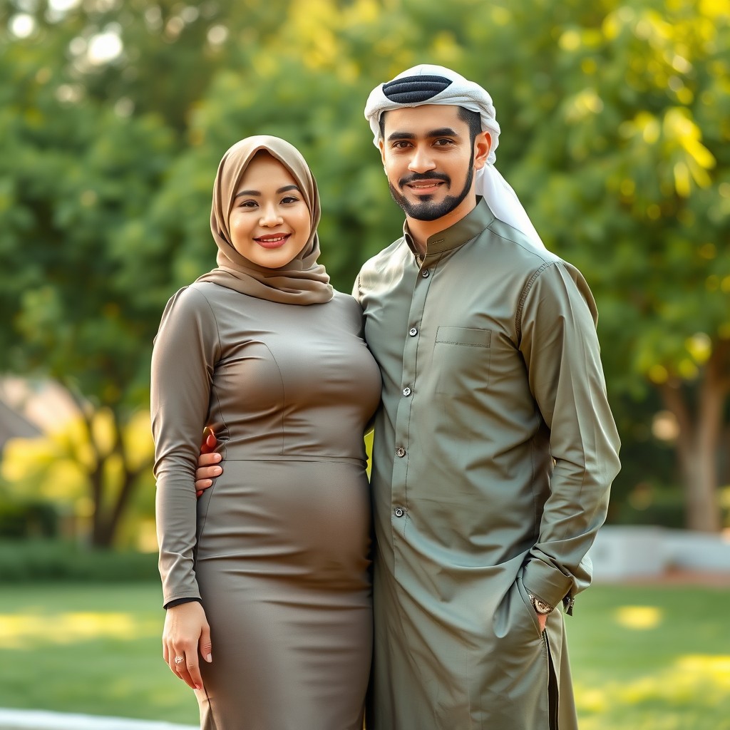 An attractive chubby Asian Muslim woman wearing a form-fitting hijab dress that highlights her curves, radiating confidence