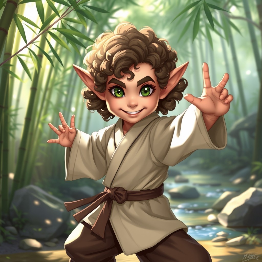 A halfling monk, dressed in traditional monk robes, exuding a sense of tranquility and strength