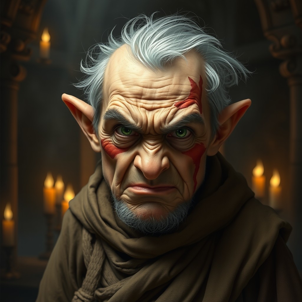 An old halfling monk, with a weathered face showcasing deep lines and a prominent scar on his cheek, radiates an intense aura of anger