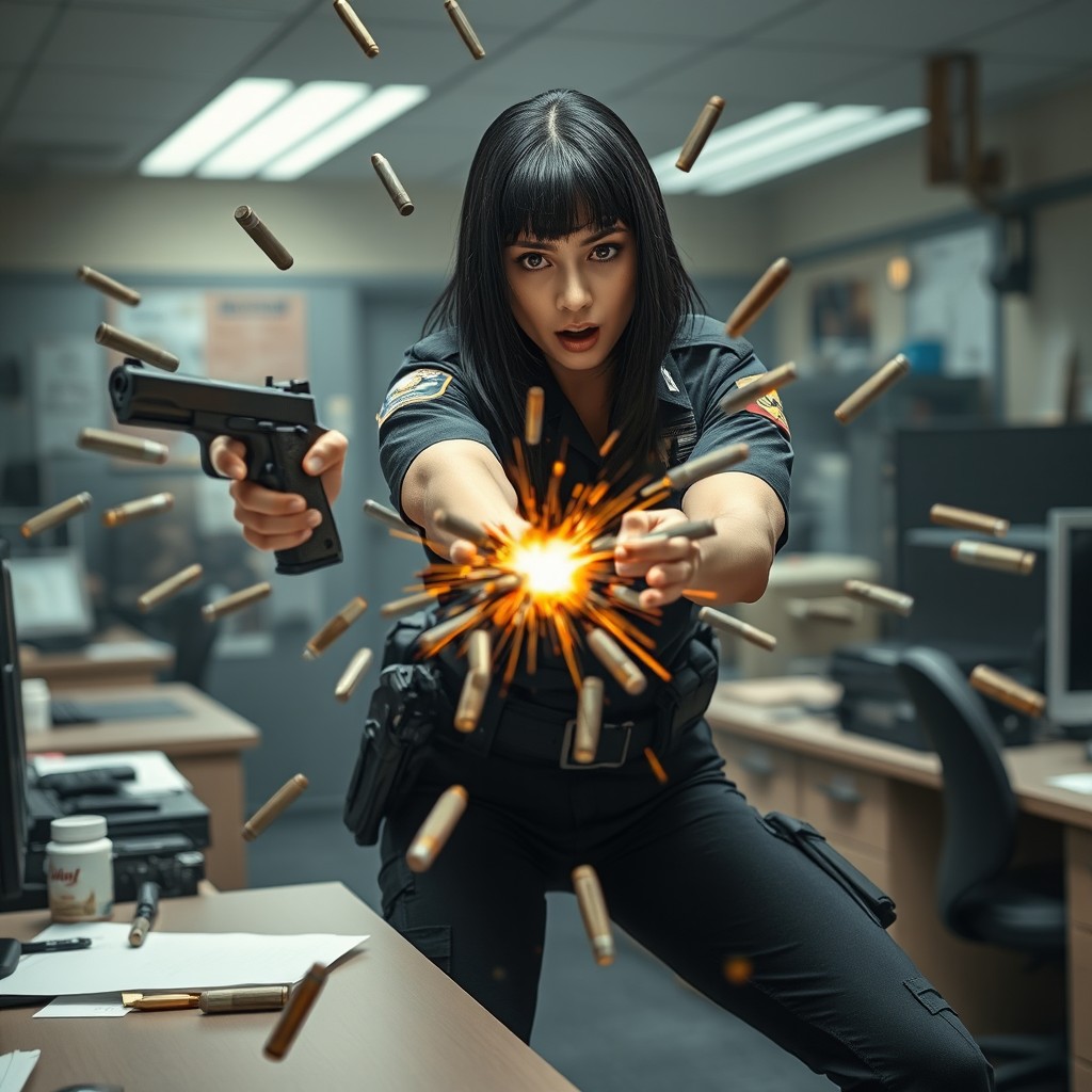 A dynamic scene set in a police station featuring a female police officer with straight black hair, dressed in tactical black pants