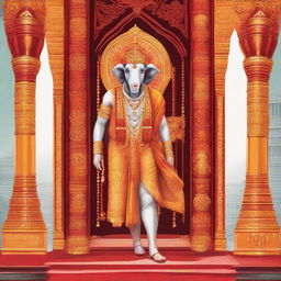 An illustration of the deity Ram, in traditional attire, sanguinely stepping into an elegantly designed elevator branded with the 'Epic Elevators Pvt Ltd' logo, with a backdrop of the richly adorned Ram Mandir in Ayodhya.