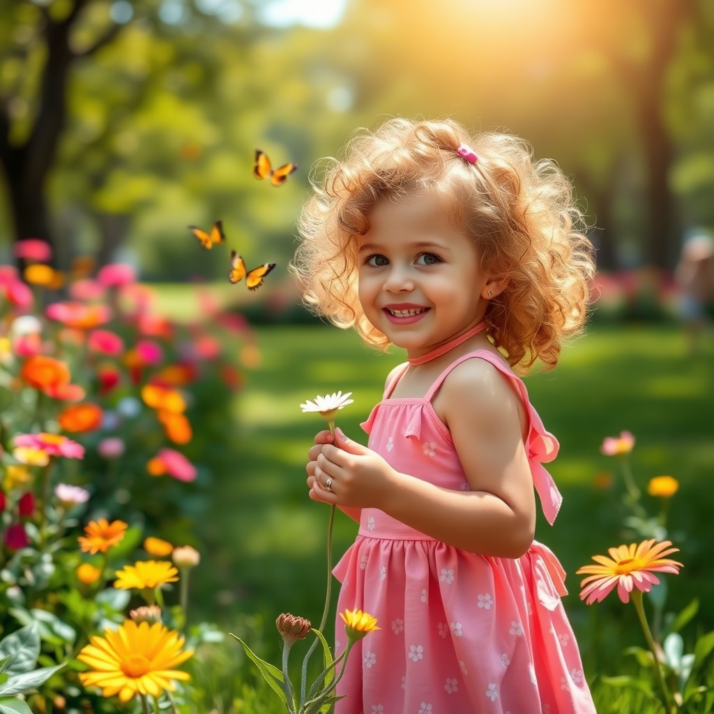 a young girl with bright, curly hair playing in a sunlit park, surrounded by colorful flowers and butterflies, wearing a cute, playful dress, smiling joyfully as she picks a flower, embodying innocence and carefree spirit