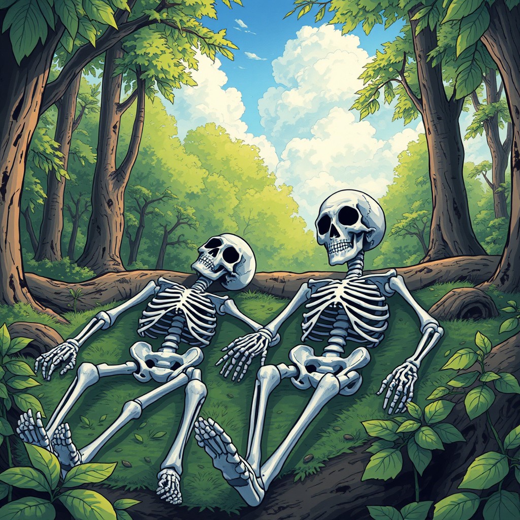 A comic book/manga style image depicting two skeletons lying side by side on the forest floor