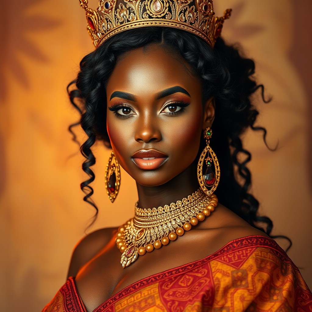 A stunning portrait of a beautiful African queen with curvy features, showcasing radiant melanin-rich skin