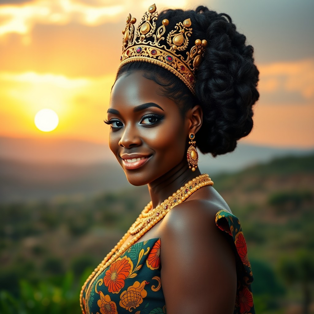 A stunning portrait of a beautiful African queen, embodying curvaceous elegance and radiating confidence