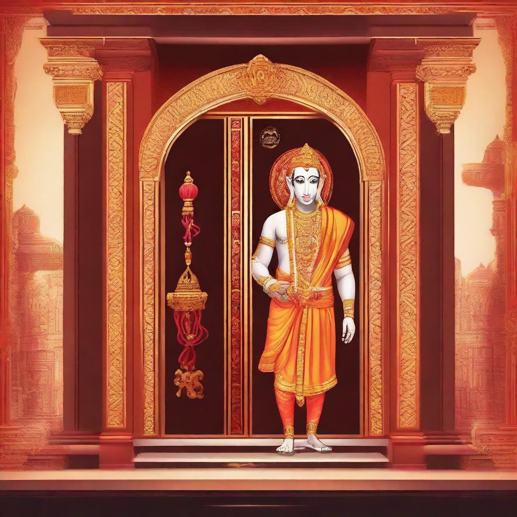 An illustration of the deity Ram, in traditional attire, sanguinely stepping into an elegantly designed elevator branded with the 'Epic Elevators Pvt Ltd' logo, with a backdrop of the richly adorned Ram Mandir in Ayodhya.