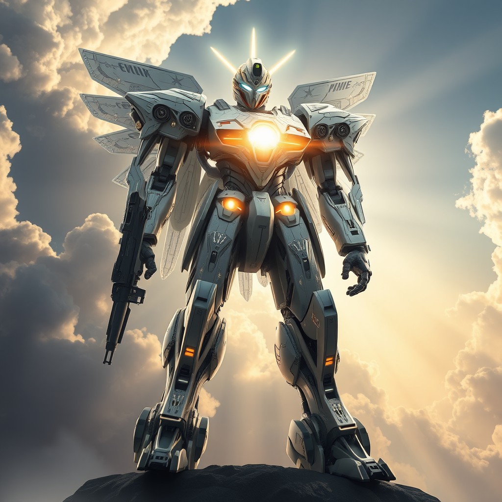 A majestic futuristic heavenly warrior mech, intricately designed with celestial motifs, exuding an aura of divine power