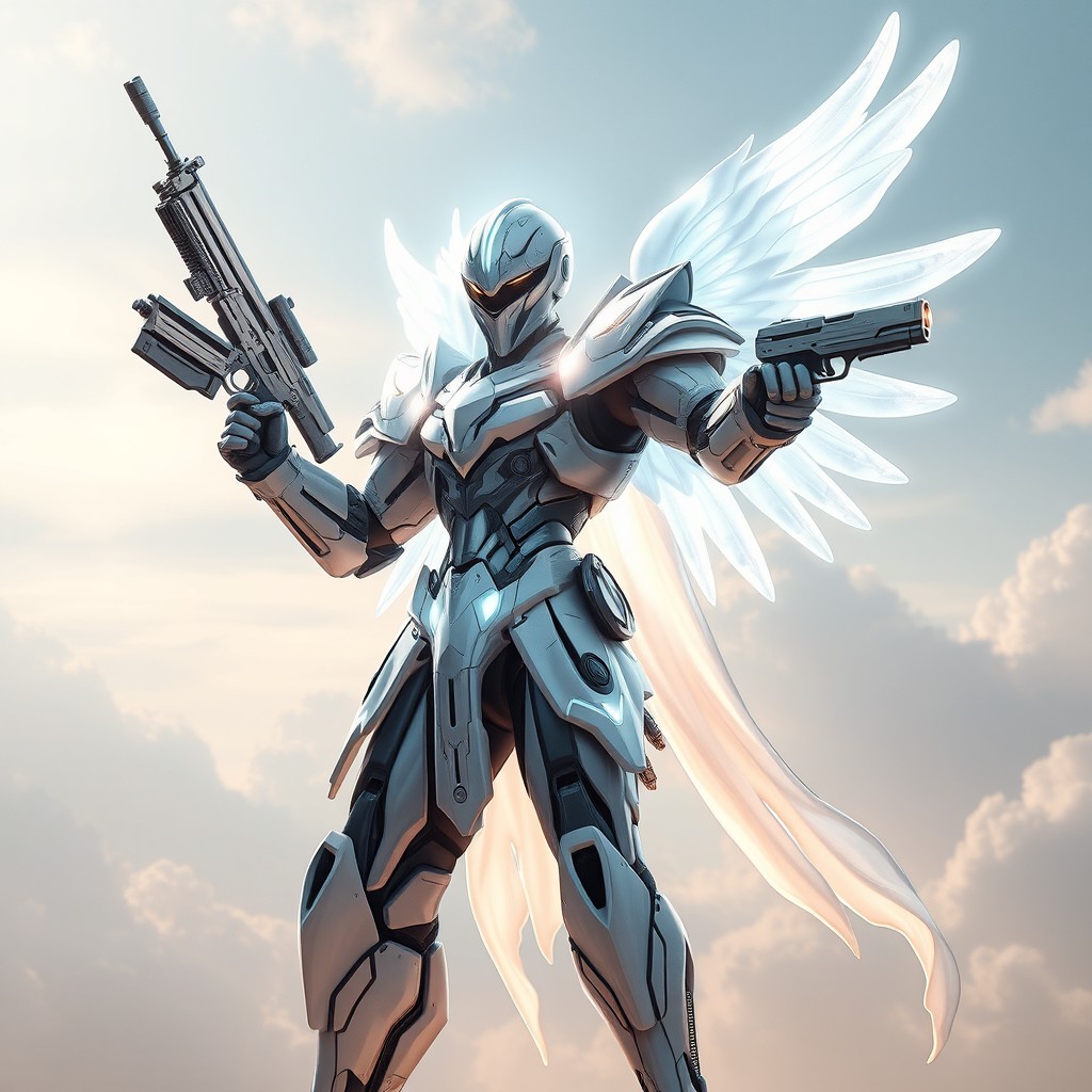 A stunning futuristic heavenly warrior, donned in intricately designed armor that reflects celestial themes and emits a soft, ethereal glow