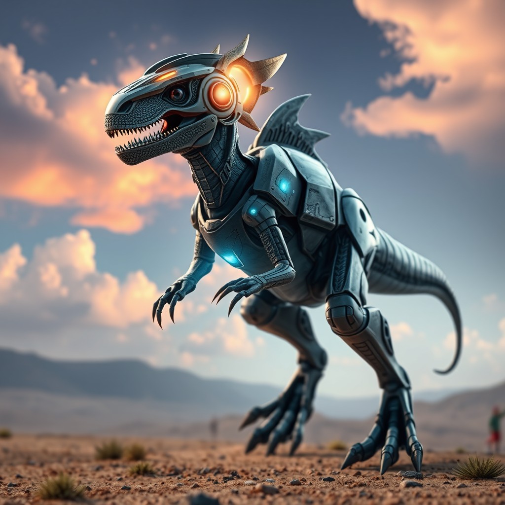 A striking futuristic velociraptor, armored with sleek and intricate designs that represent celestial themes, showcasing its connection to the Holy Spirit