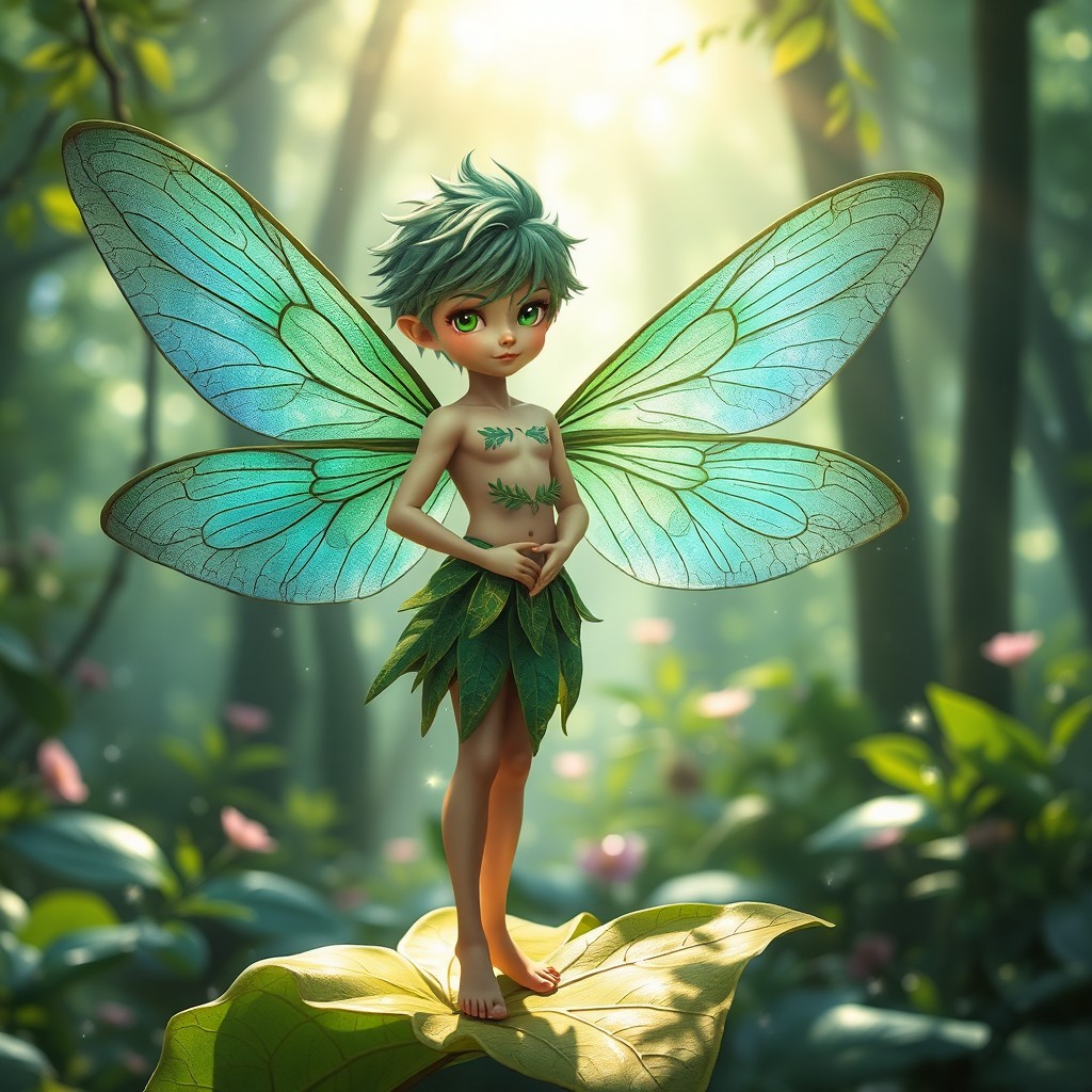 A whimsical green-haired male fairy with vibrant dragonfly wings, showcasing intricate patterns in the wings that shimmer in various shades of green and blue