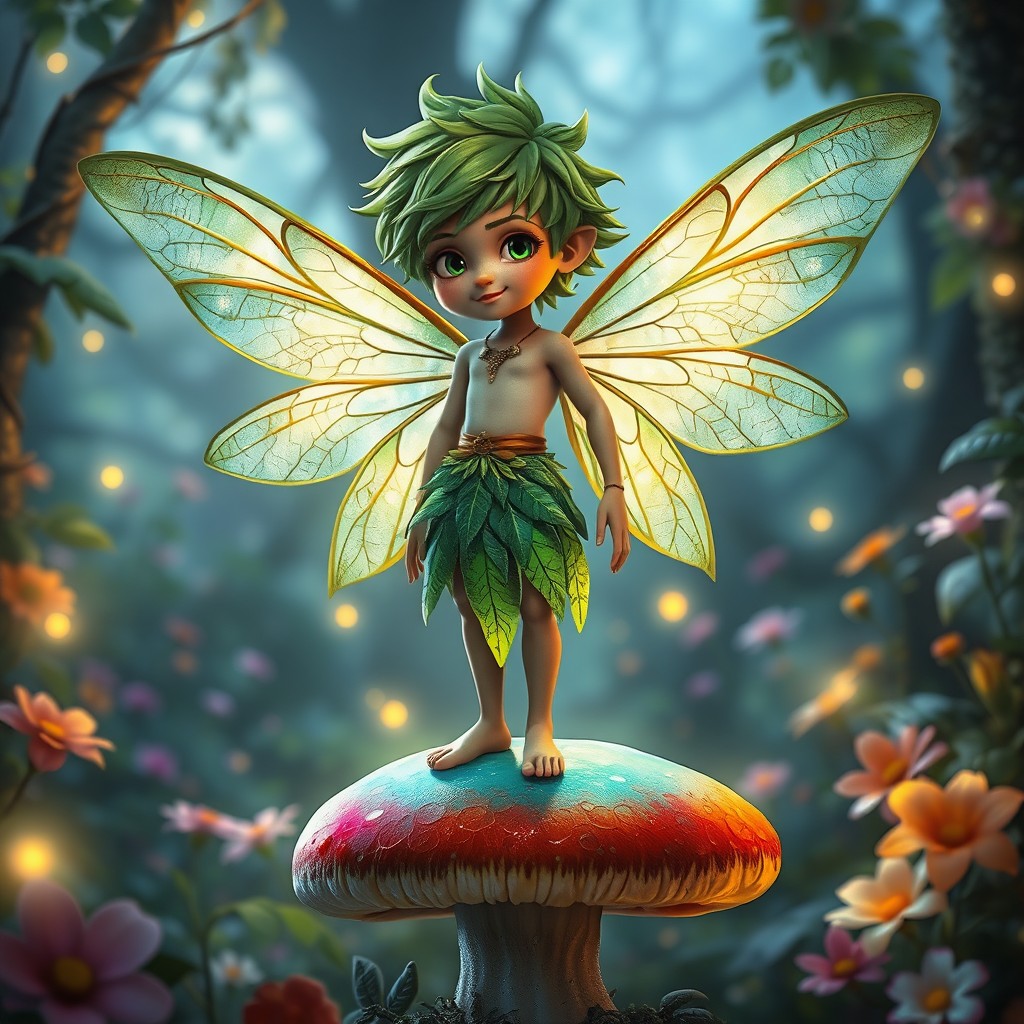 A charming male fairy featuring shaggy green hair and delicate dragonfly wings, displaying intricate, iridescent patterns in shades of green and blue