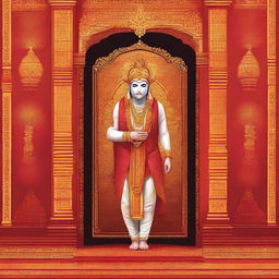 An illustration of the deity Ram, in traditional attire, sanguinely stepping into an elegantly designed elevator branded with the 'Epic Elevators Pvt Ltd' logo, with a backdrop of the richly adorned Ram Mandir in Ayodhya.