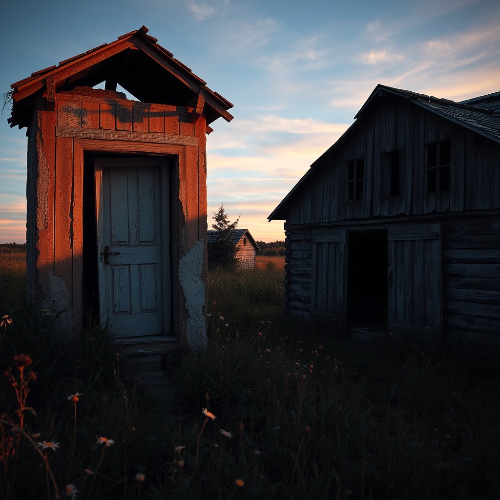 A scene depicting a ruined village toilet, with dilapidated walls and a broken roof, surrounded by overgrown grass and wildflowers