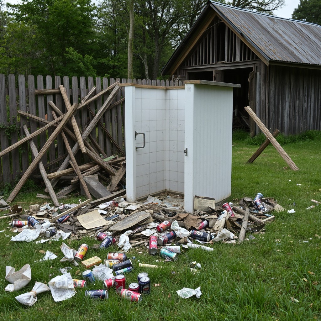 In a yard featuring a completely destroyed village toilet with no walls, standing amidst debris