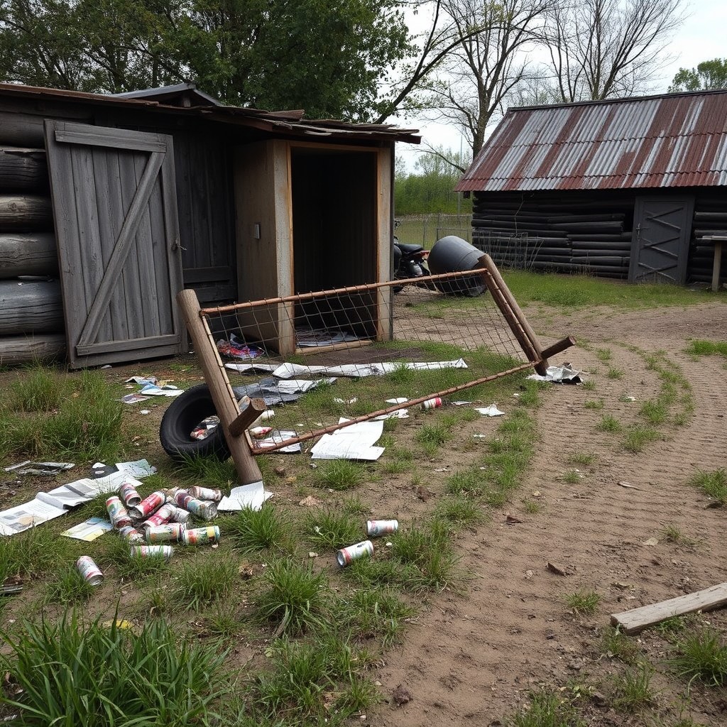 In a yard featuring a completely destroyed village toilet with no walls, positioned next to a rundown barn